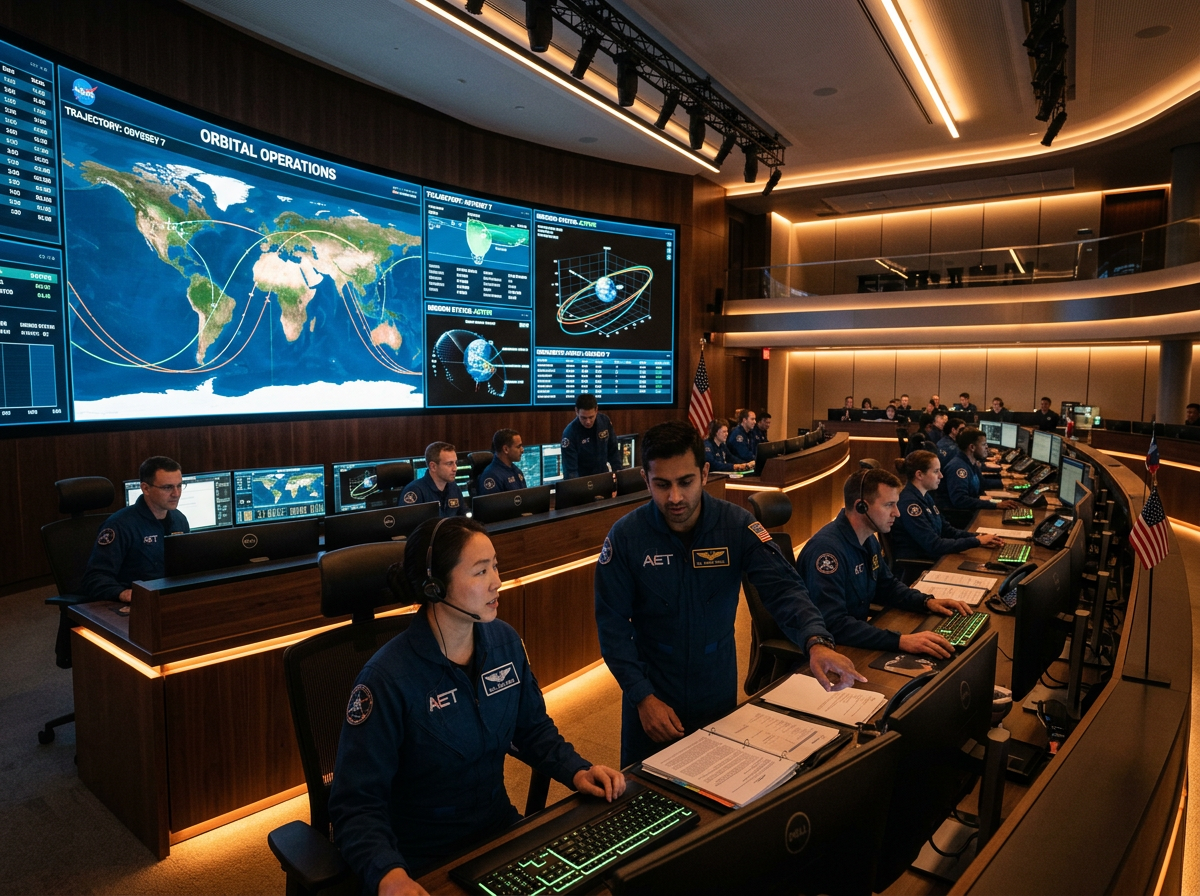 Mission control room with aerospace advisors reviewing orbital trajectories