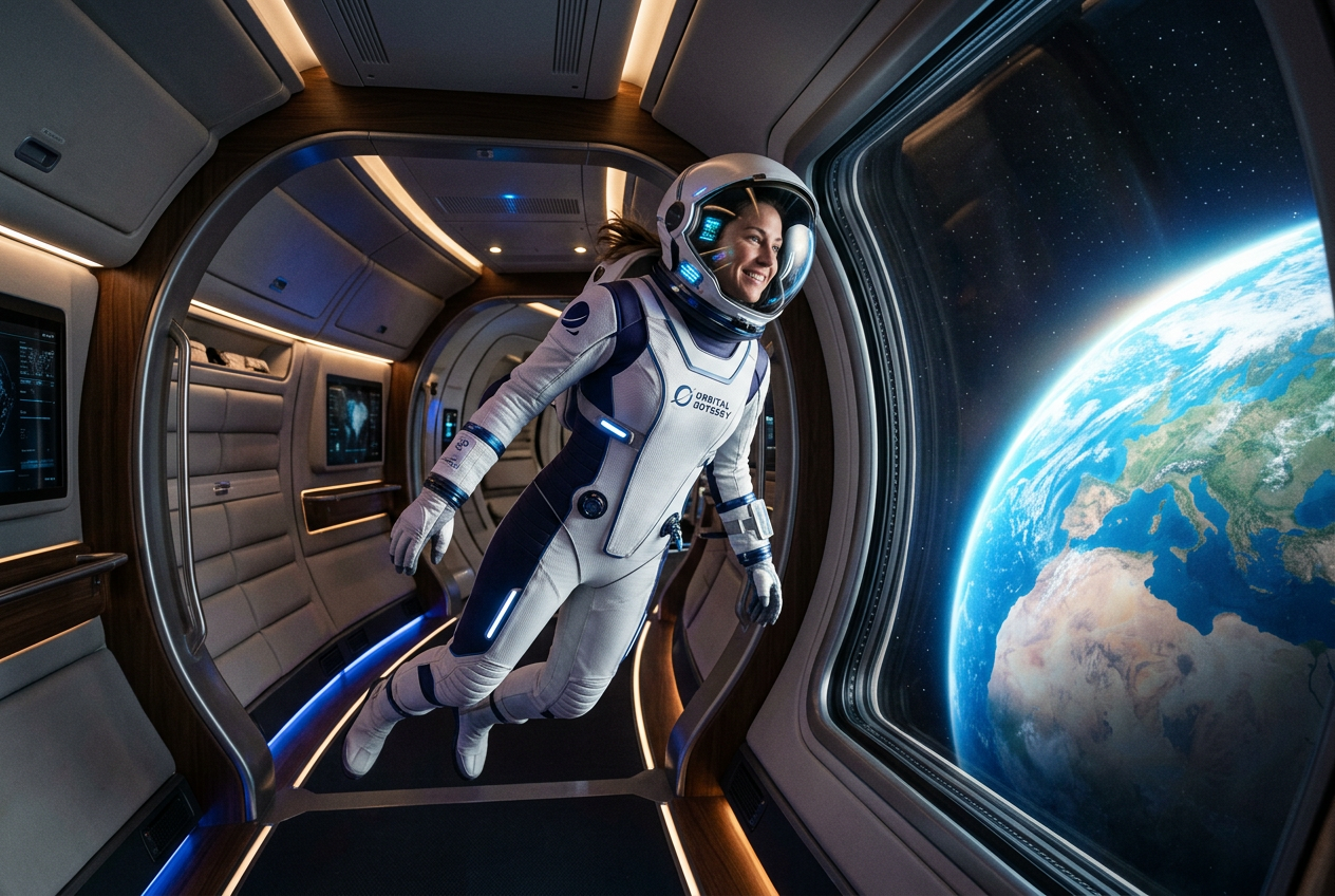 Civilian astronaut experiencing weightlessness inside a spacecraft